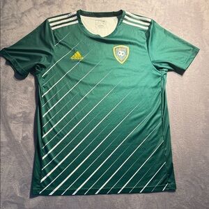 adidas Green Soccer Jersey with White Diagonal Stripes and Yellow Logo